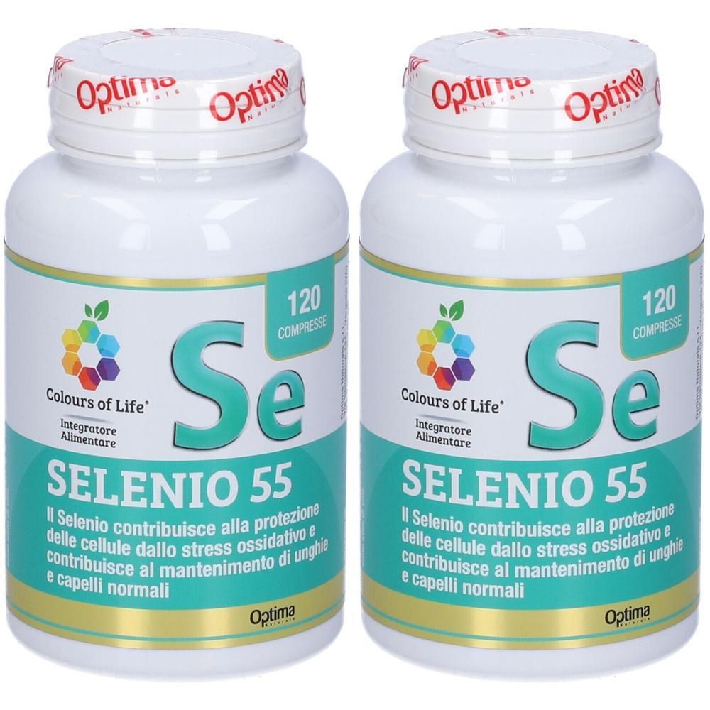 Due flaconi di Selenio 55, 120 compresse ciascuno. "Colours of Life" e "Optima" sono visibili.