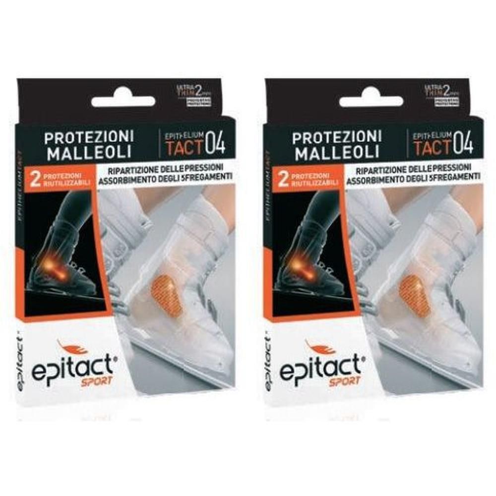 Due confezioni di protezioni malleoli Epitact Sport. Mostra un'illustrazione schematica di una caviglia con un cuscinetto protettivo.