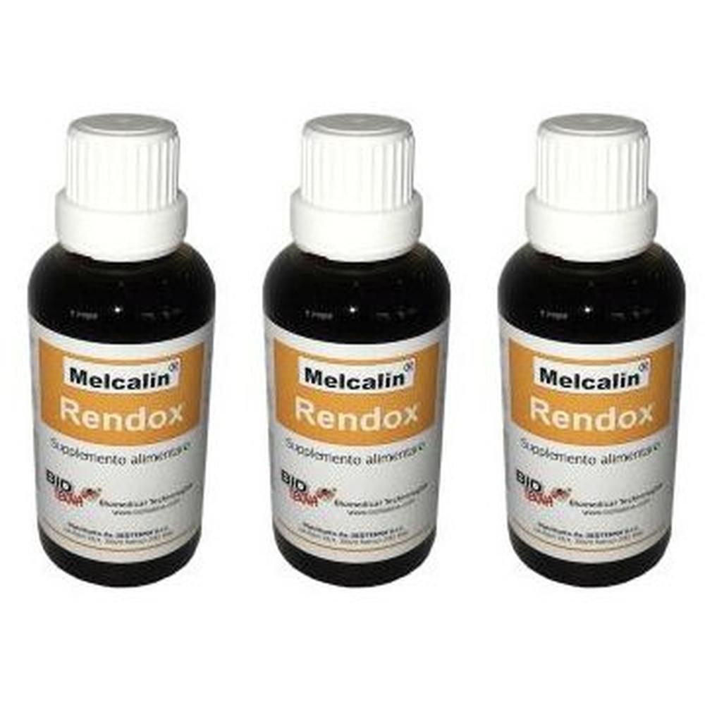 Tre flaconi di Melcalin Rendox con tappi a vite bianchi ed etichette.
