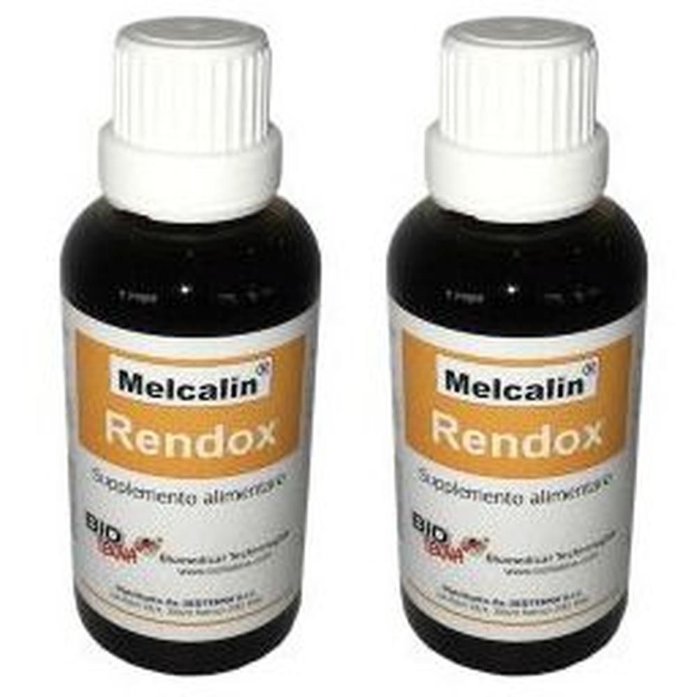 Due flaconi di Melcalin Rendox, liquido scuro, tappi bianchi.