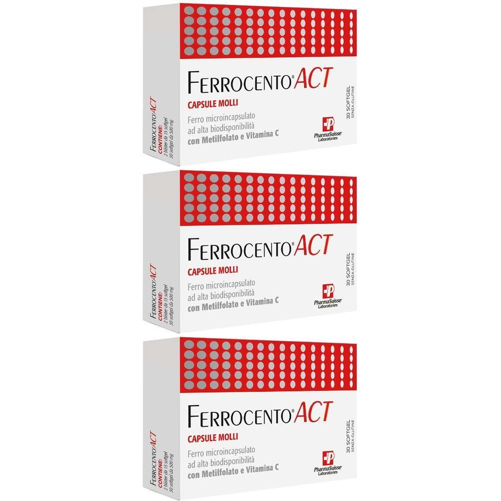 Tre confezioni di Ferrocento ACT Capsule con motivo rosso e scritta bianca.