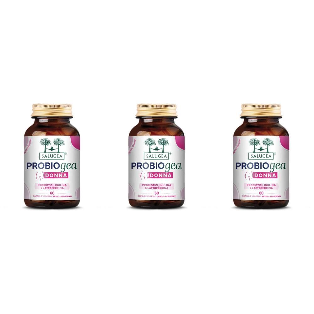 Tre flaconi di capsule Salugea ProbioGea Donna affiancati su sfondo bianco.