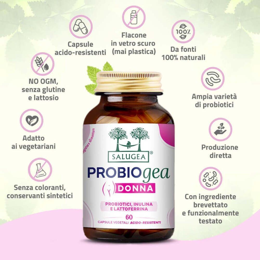Un flacone di capsule Salugea ProbioGea Donna circondato da icone che evidenziano benefici come "Senza OGM" e "Adatto ai vegetariani".
