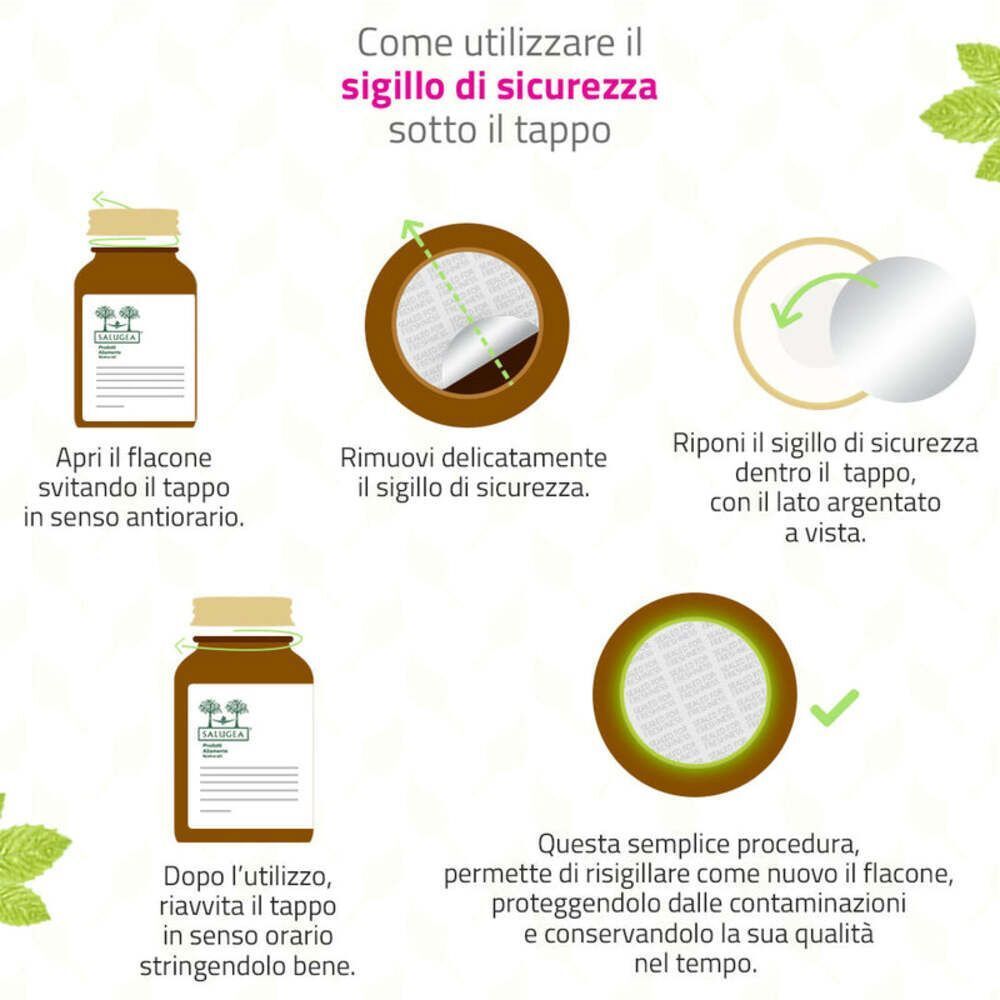 Istruzioni sull'uso del sigillo di sicurezza sotto il tappo delle capsule Salugea ProbioGea Donna.