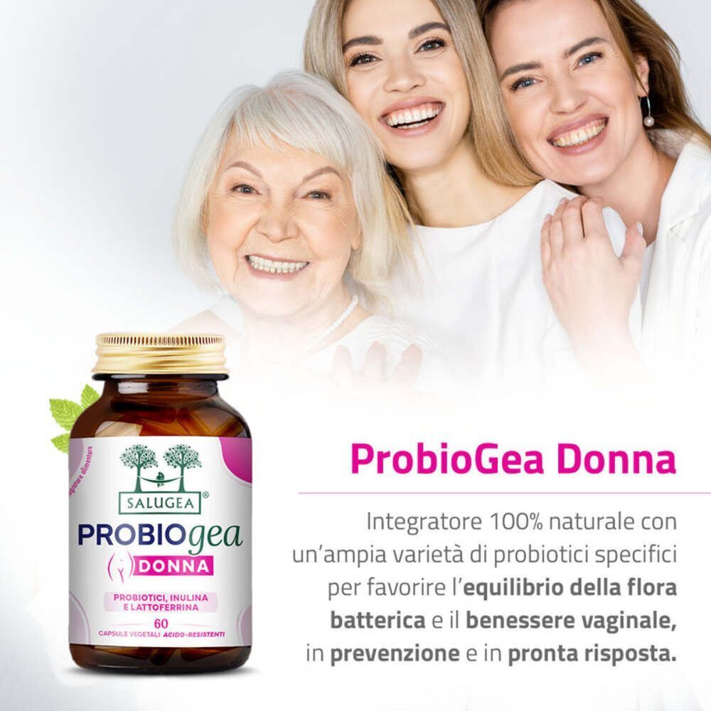 Un flacone di capsule Salugea ProbioGea Donna accanto a donne sorridenti, con testo sui benefici per la flora vaginale.