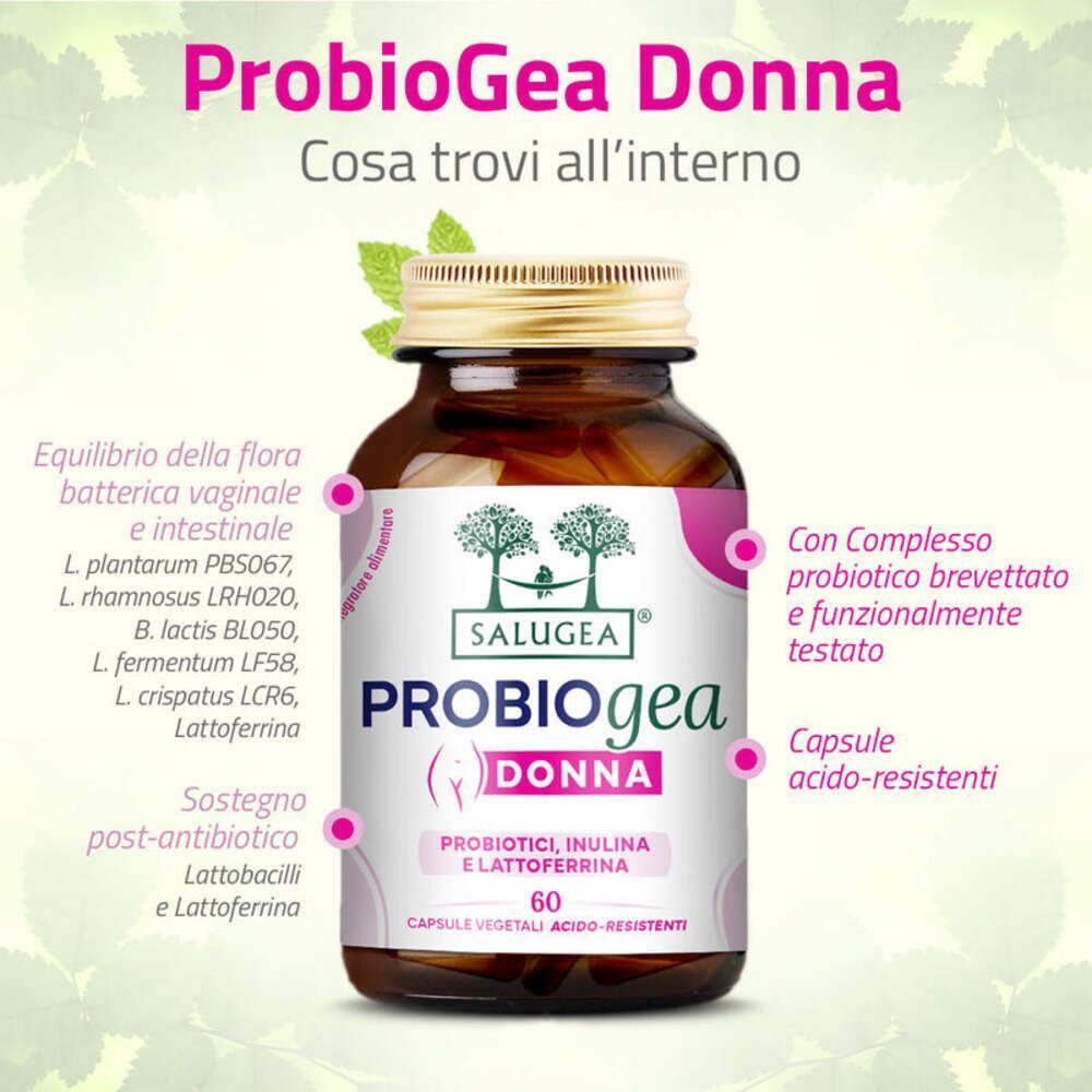 Un flacone di capsule Salugea ProbioGea Donna con un elenco di ingredienti e benefici sul lato sinistro.