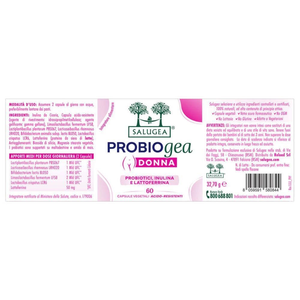 Etichetta di un flacone di capsule Salugea ProbioGea Donna con informazioni nutrizionali, ingredienti e codice a barre.