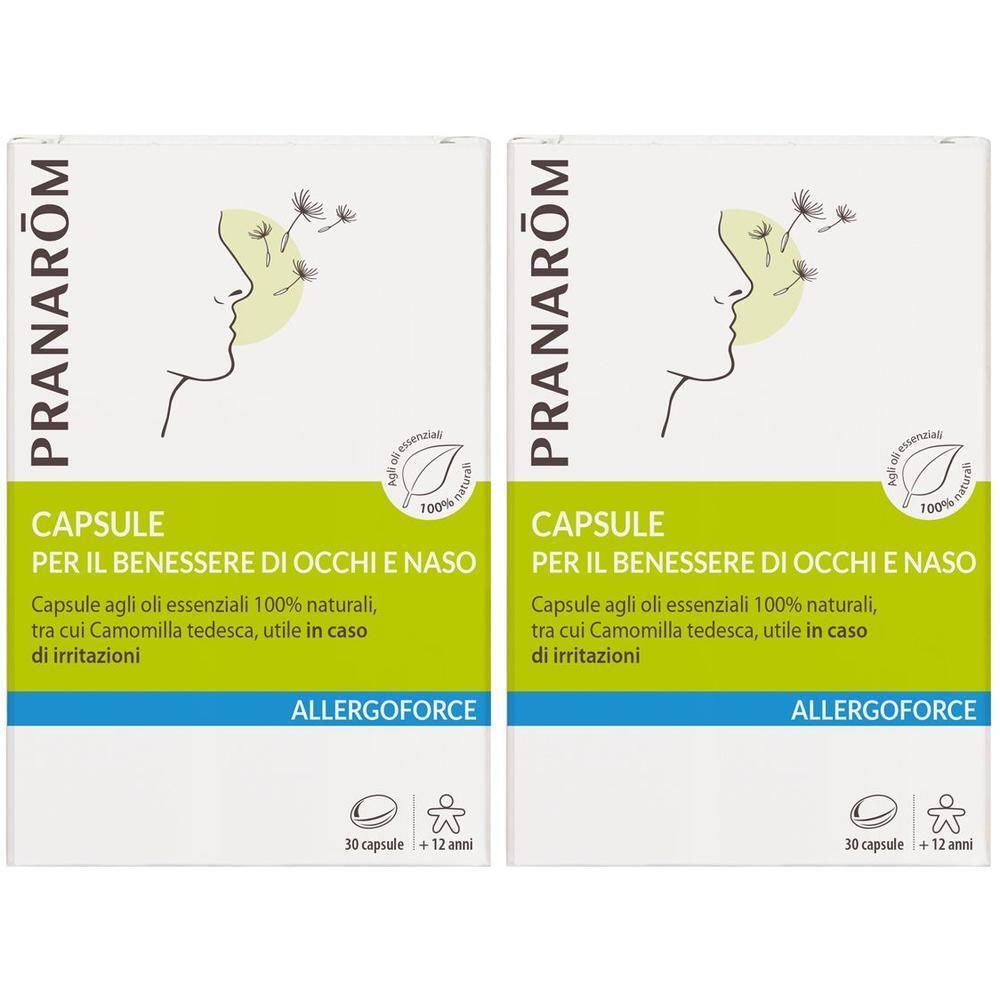 Due confezioni di capsule Pranarôm Allergoforce per il benessere di occhi e naso. 30 capsule per confezione.