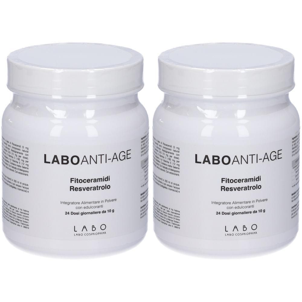 Due contenitori bianchi di polvere LABO ANTI-AGE. Contiene Fitoceramidi Resveratrol.