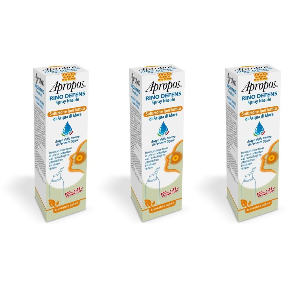 Tre confezioni di spray nasale Apropos Rino Defens con soluzione di acqua di mare.