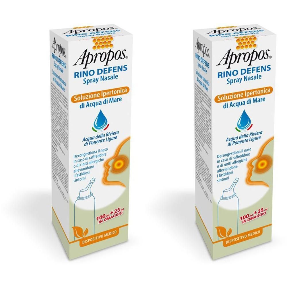 Due confezioni di spray nasale Apropos Rino Defens, soluzione ipertonica di acqua di mare.