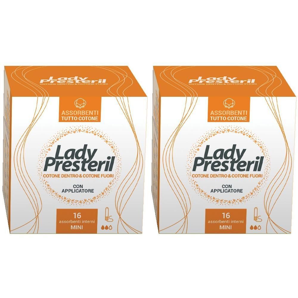Due confezioni di assorbenti interni Lady Presteril Mini, 16 pezzi per confezione, con applicatore.