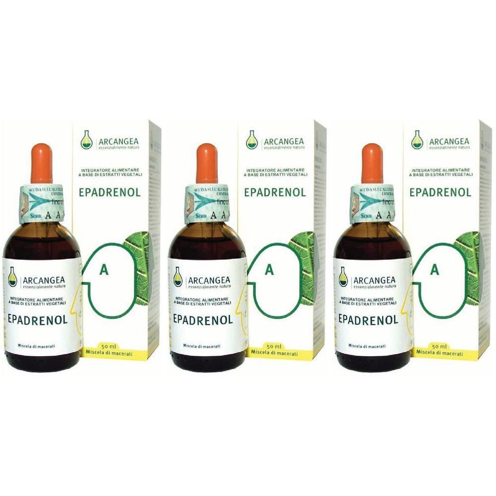Tre flaconi di Epadrenol con contagocce e scatole. Ogni flacone contiene 50 ml.