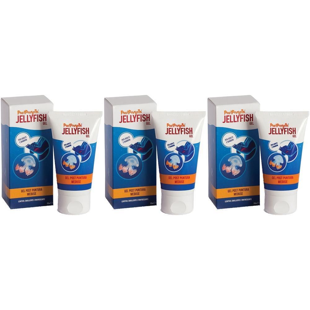 Tre tubetti e scatole di Postpungello Jellyfish Gel. Confezione blu con motivo a medusa.
