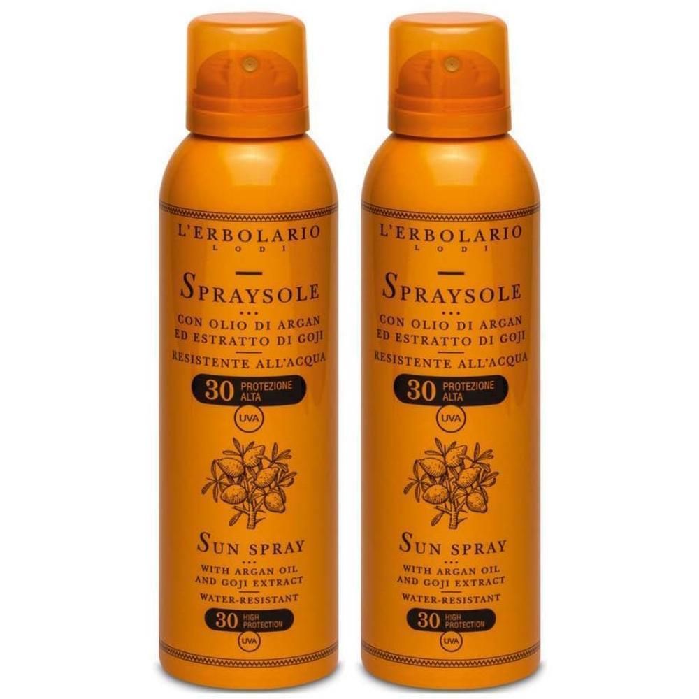 Due flaconi L'Erbolario Spraysole Spray Corpo SPF 30, resistente all'acqua, con olio di argan ed estratto di goji.
