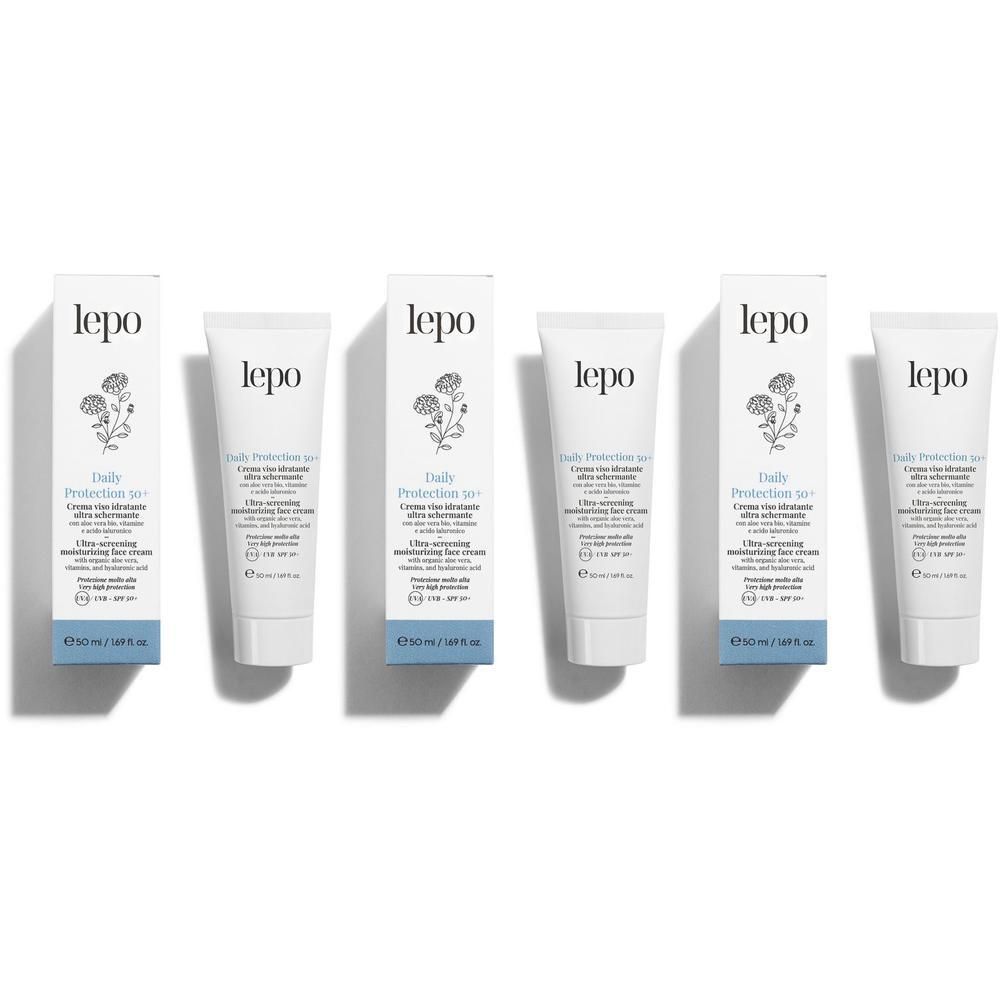 Cinque tubi di crema viso LEPO Daily Protection 50+ SPF 50+.