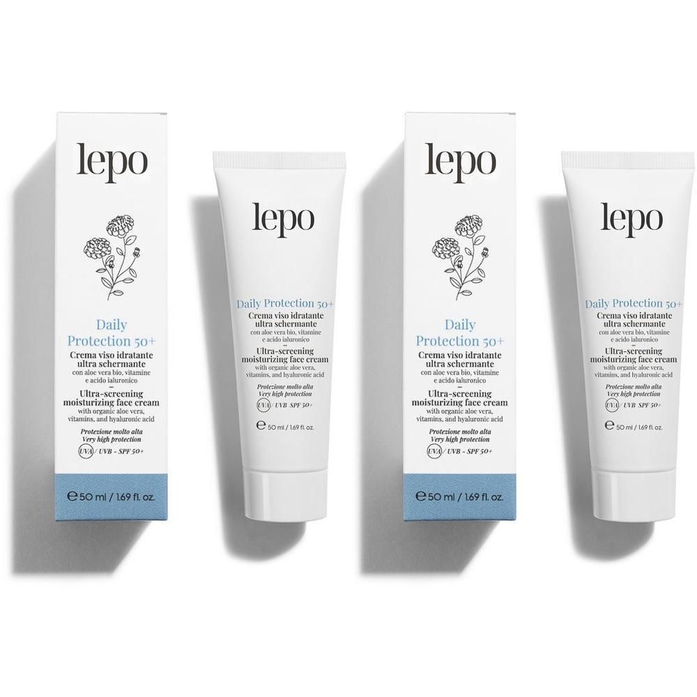 Quattro tubi e astucci di LEPO Daily Protection 50+ crema viso SPF 50+.