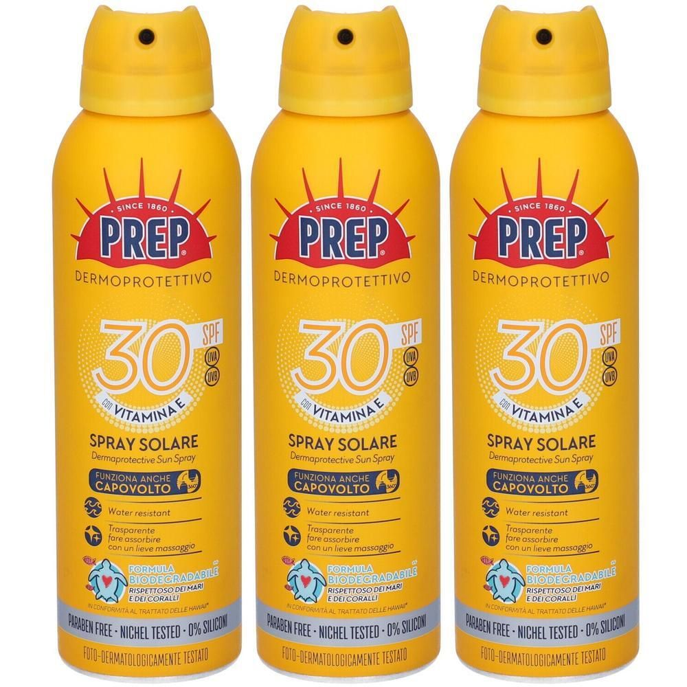 Tre bombolette spray solare gialle SPF 30 con Vitamina E di Prep.