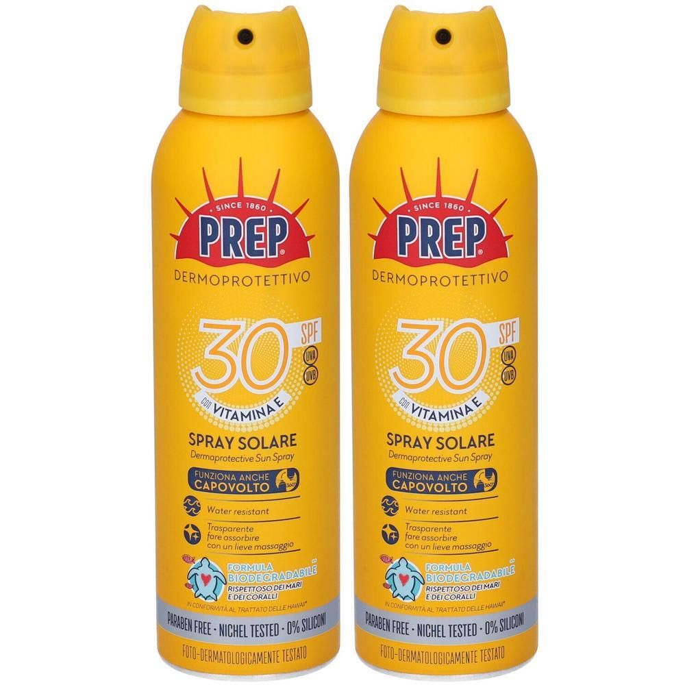 Due flaconi gialli di spray solare SPF 30 con Vitamina E. Marca: PREP.