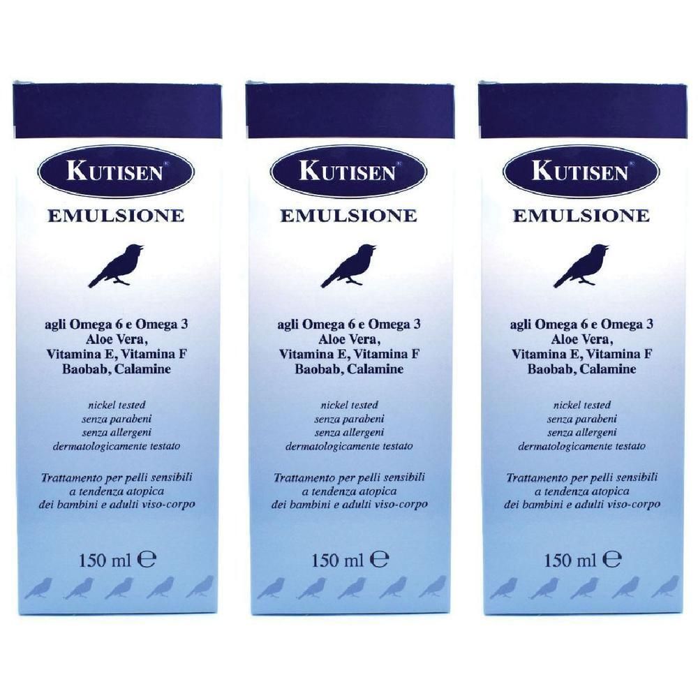 Tre confezioni di Kutisen Emulsione da 150 ml. Contiene Omega 6, Omega 3, Aloe Vera, Vitamine E e F, Baobab, Calamina.
