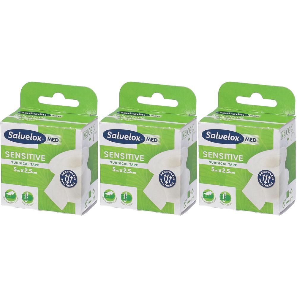 Tre confezioni di nastro chirurgico Salvelox Med Sensitive, 5m x 2,5cm.