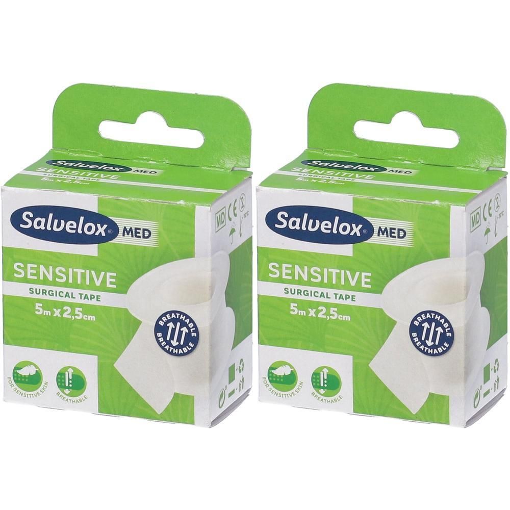 Due confezioni di nastro chirurgico Salvelox Med Sensitive, 5m x 2,5cm. Traspirante e delicato sulla pelle.