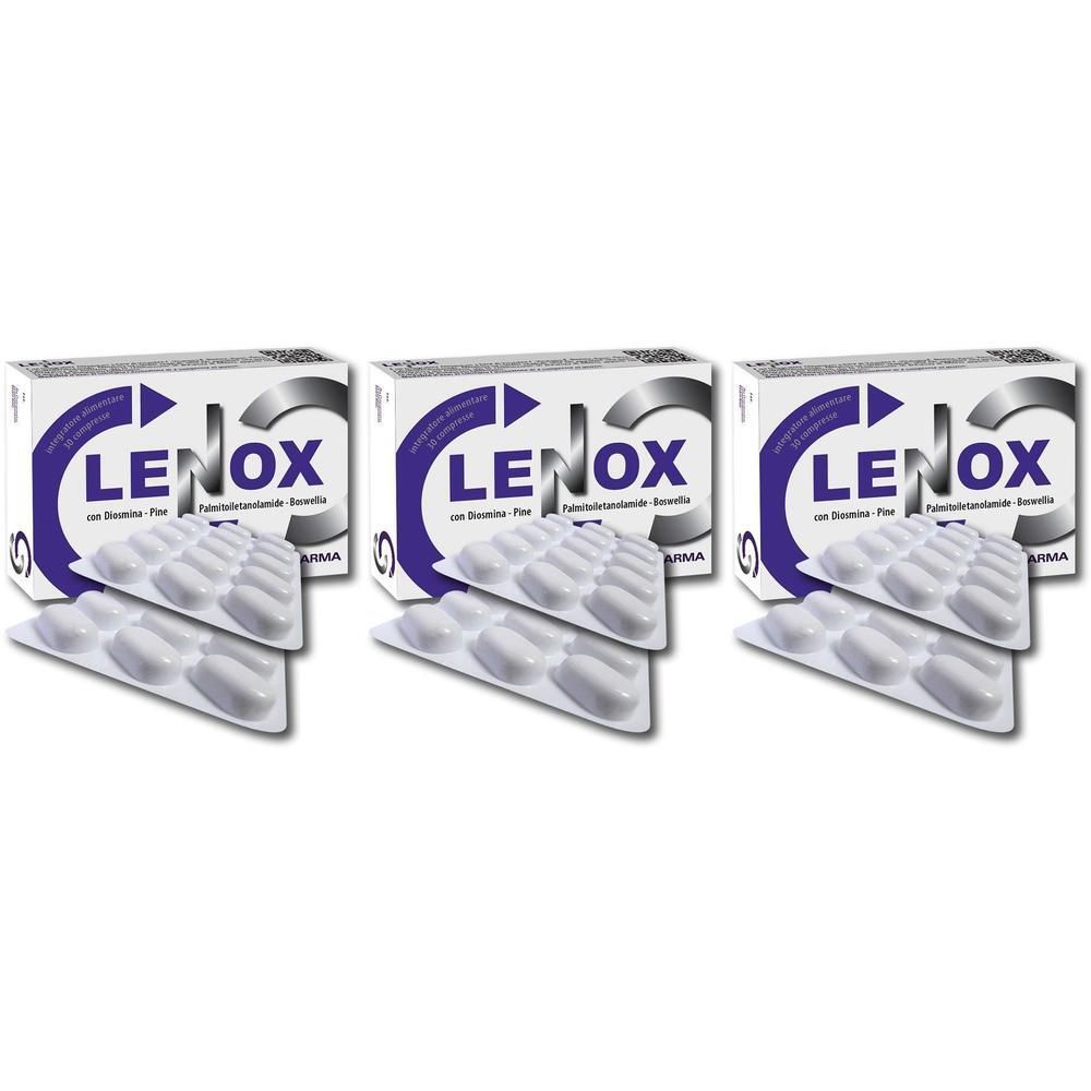 Tre confezioni di Lenox, ciascuna con due blister di compresse bianche.