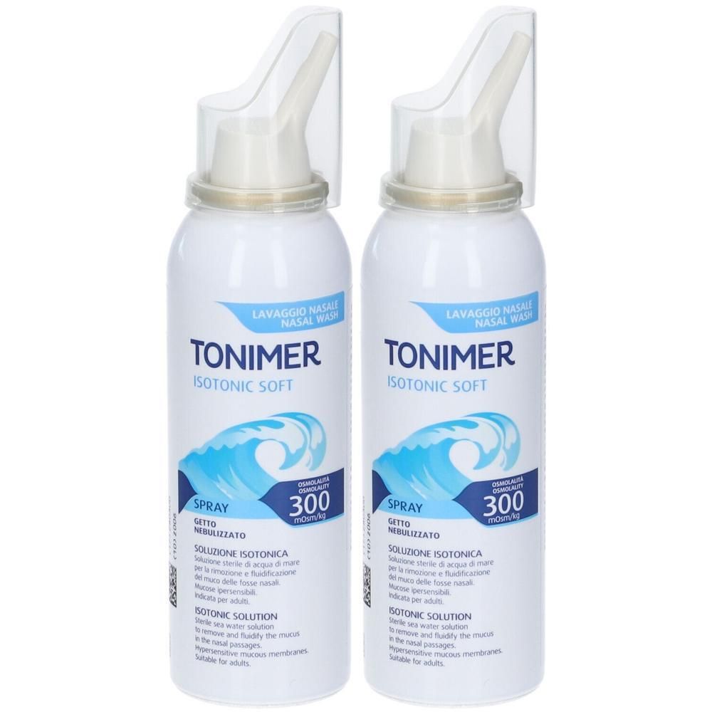 Due flaconi di spray nasale Tonimer Isotonic Soft con beccuccio. Onde blu e '300' su sfondo bianco.