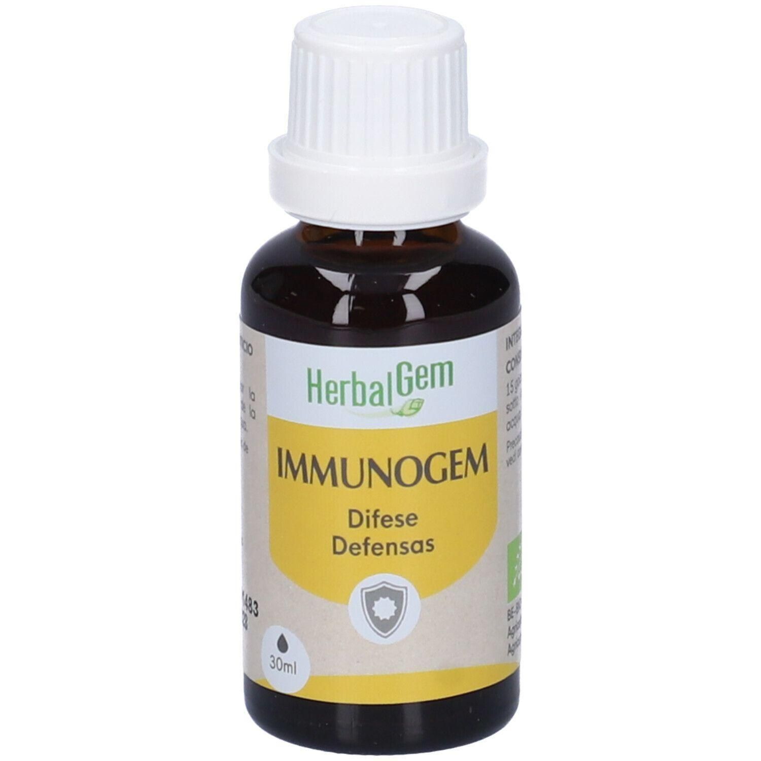 Flacone in vetro marrone con tappo contagocce bianco. Etichetta HerbalGem IMMUNOGEM con simbolo scudo.