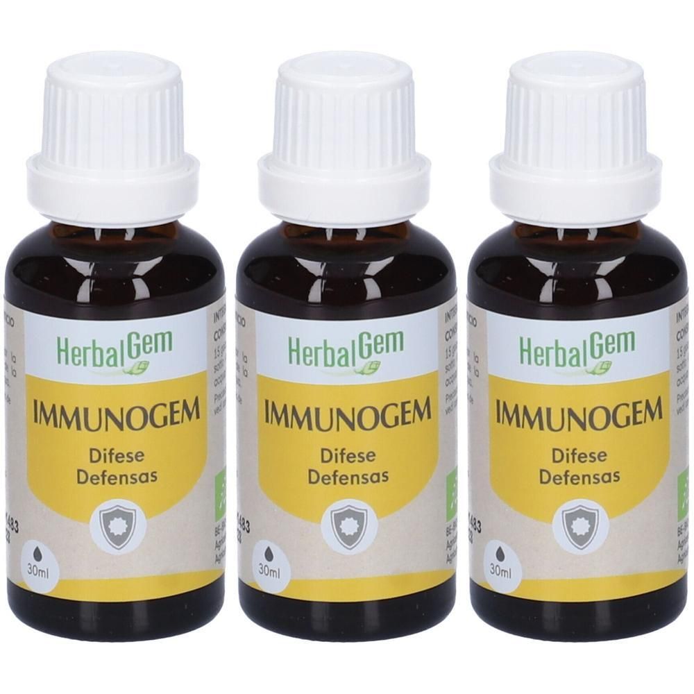 Tre flaconi HerbalGem Immunogem da 30ml. Flaconi in vetro marrone con tappo bianco ed etichetta gialla.