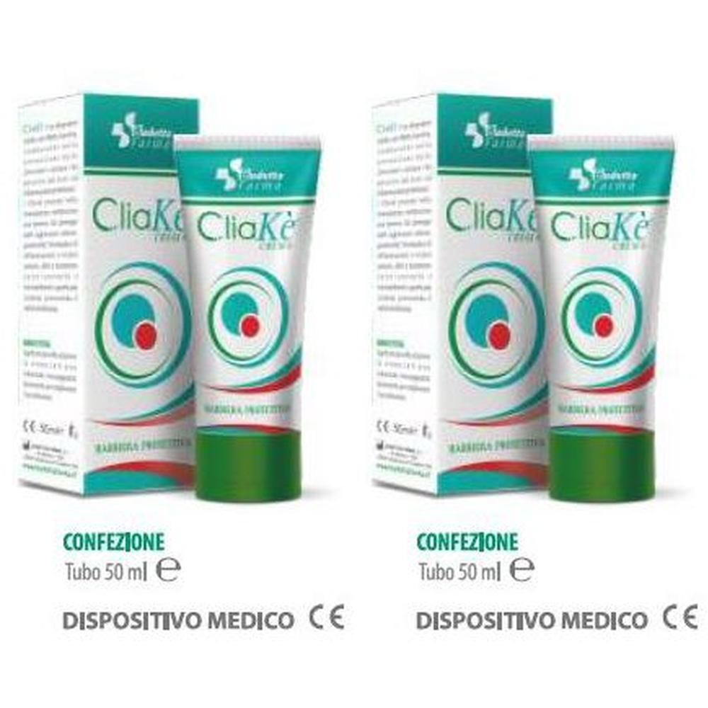 Due tubi e scatole di crema Cliaké. Tappo verde, tubi bianchi con cerchi verdi e rossi.