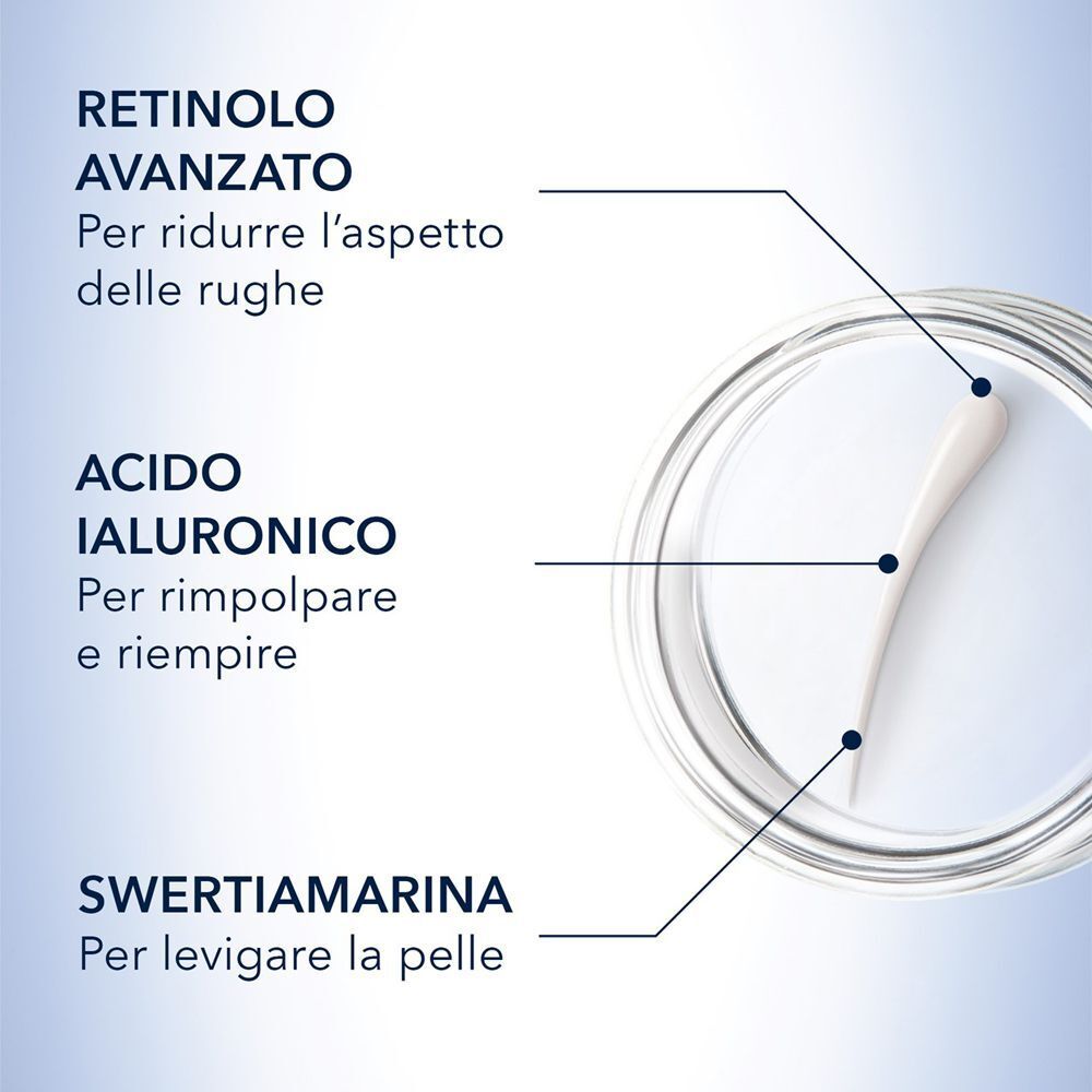 Illustrazione degli ingredienti: retinolo, acido ialuronico e swertiamarina.