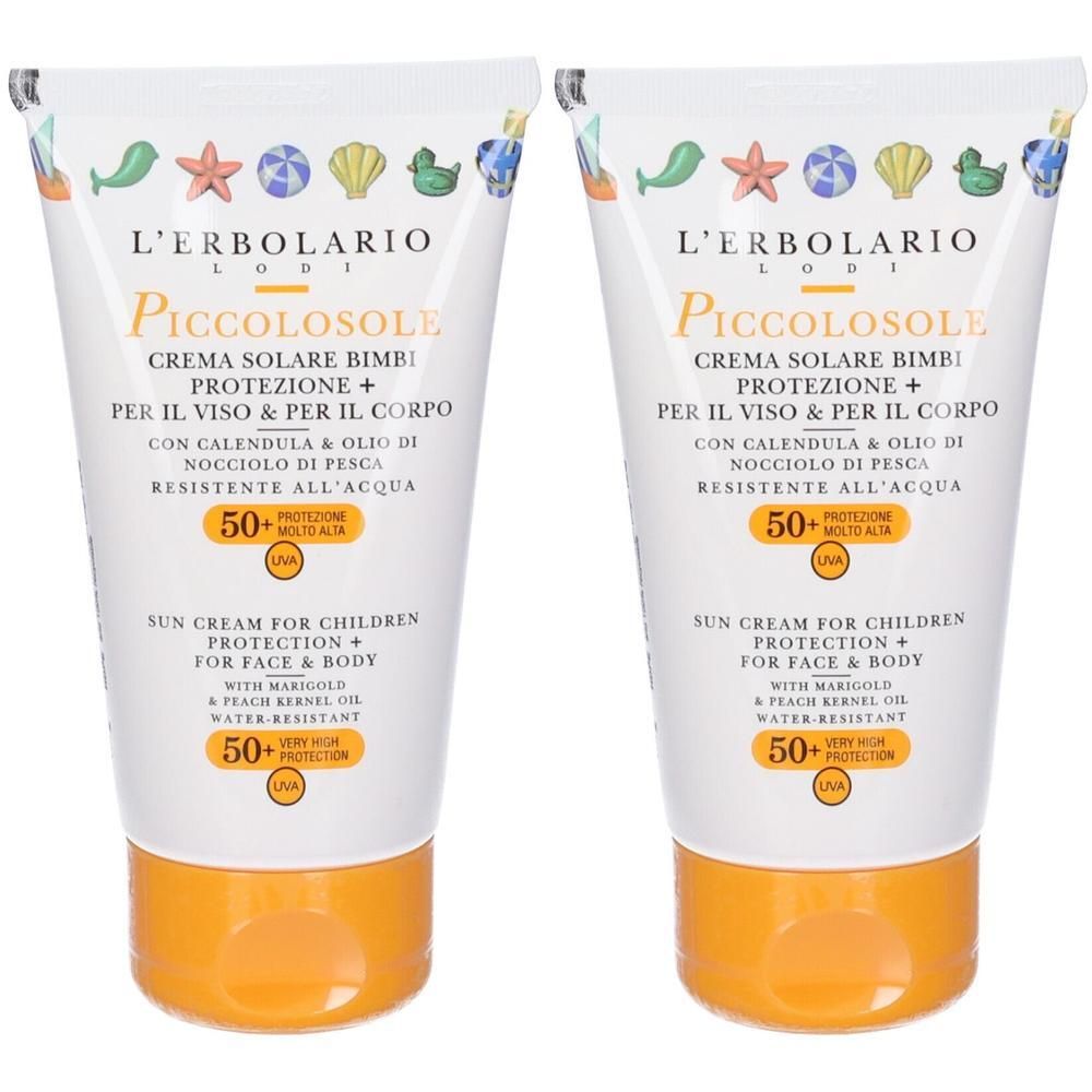 Due tubi di crema solare per bambini SPF 50+, per viso e corpo.
