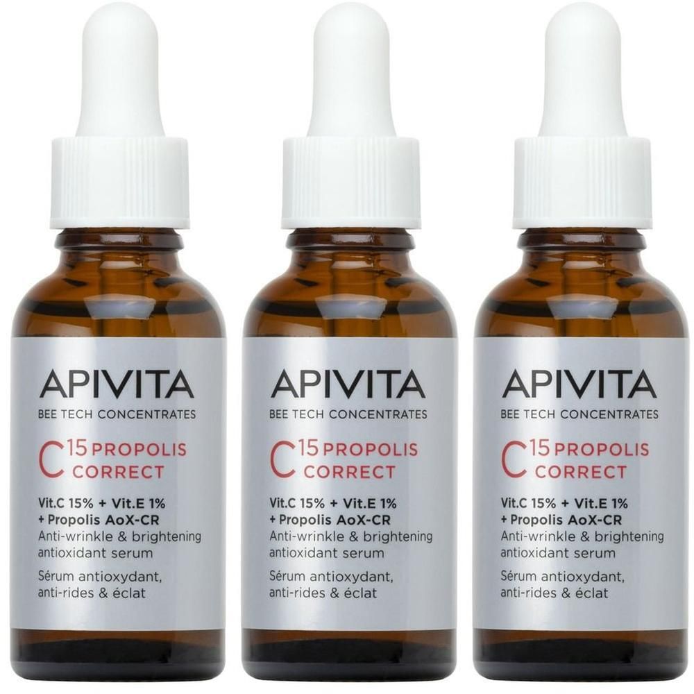 Tre flaconi di siero APIVITA C15 Propolis Correct con contagocce.