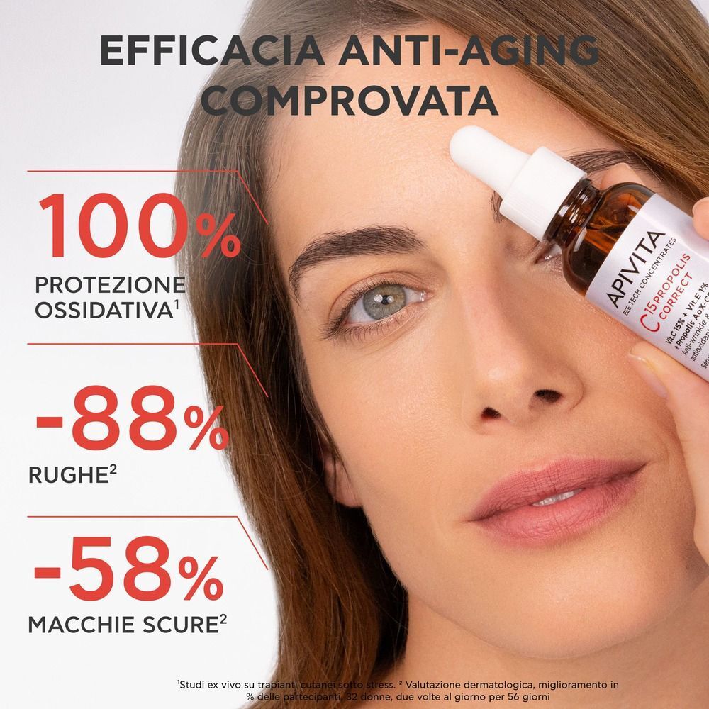 Donna con siero APIVITA C15 Propolis Correct. Mostra i risultati clinici.
