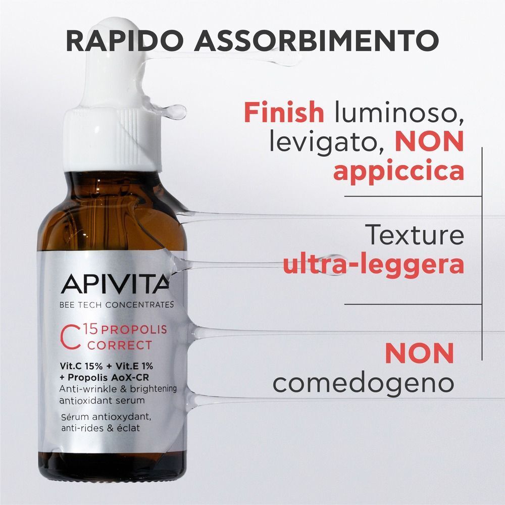 Flacone di siero APIVITA C15 Propolis Correct con testo su texture e finish.