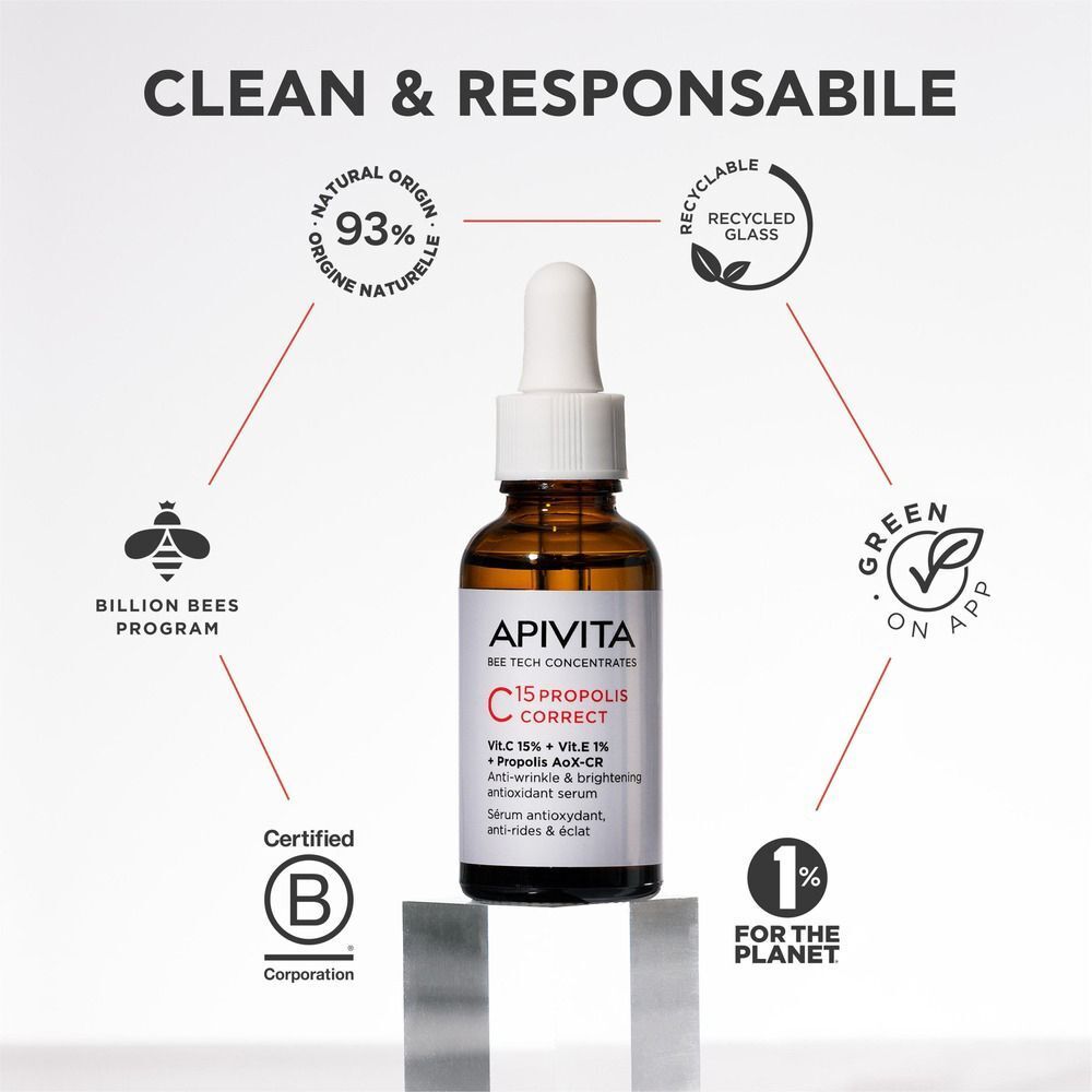 Siero APIVITA C15 Propolis Correct: Formula pulita e responsabile. 93% origine naturale, vetro riciclabile, Billion Bees Program, B Corp.