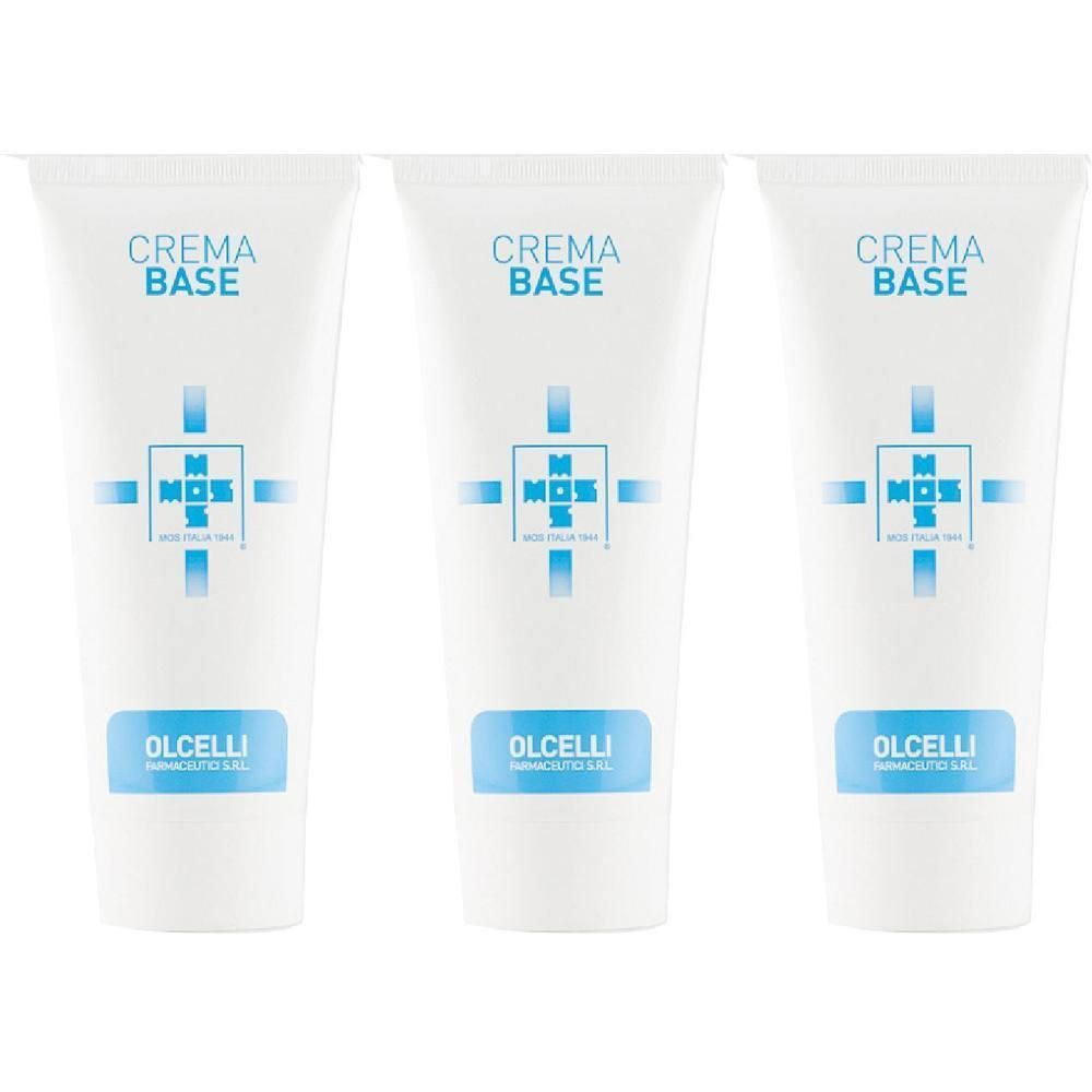 Tre tubi bianchi con scritta "CREMA BASE" e logo blu.