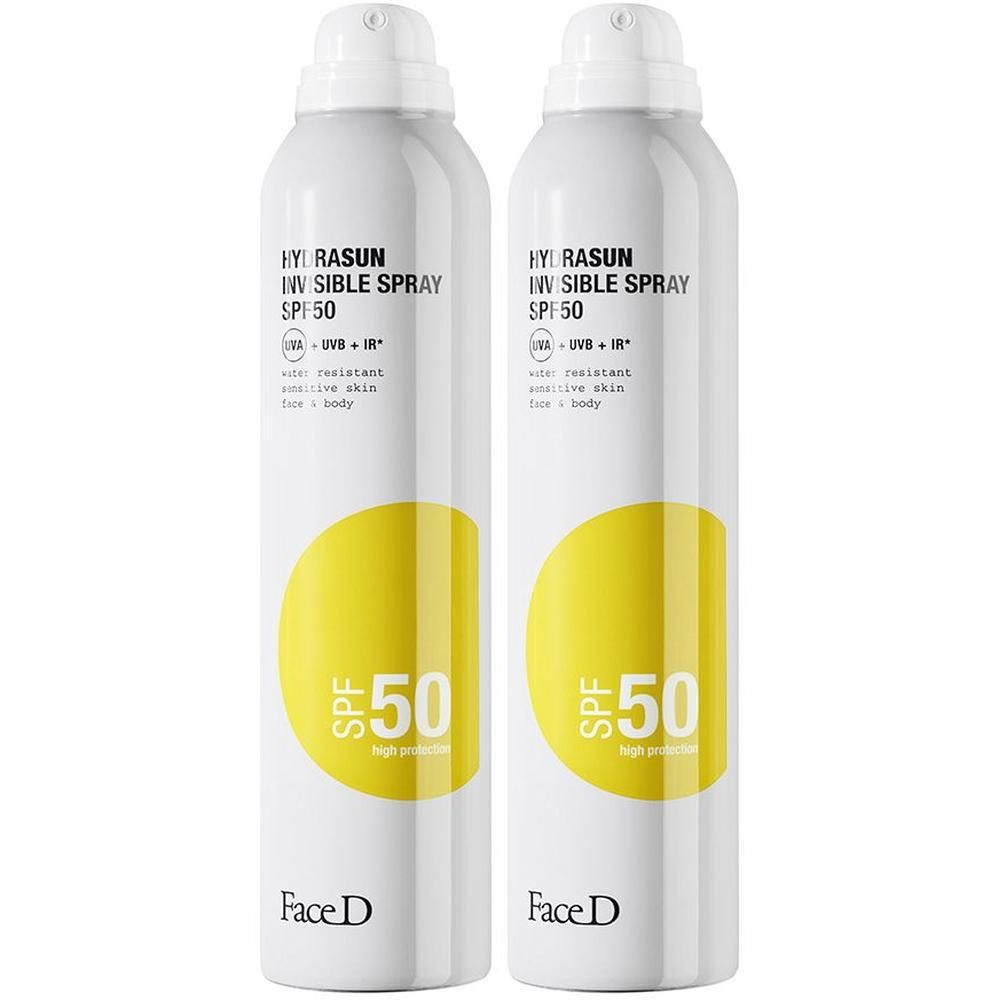 Due bombolette spray bianche con SPF 50, scritta "Hydrasun Invisible Spray".