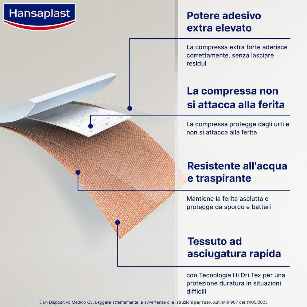 Cerotto Hansaplast Extra Power: compressa non aderente, impermeabile, traspirante.