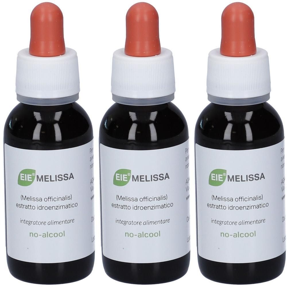 Tre flaconi Eie Melissa con contagocce. Liquido scuro, etichetta con informazioni sul prodotto.