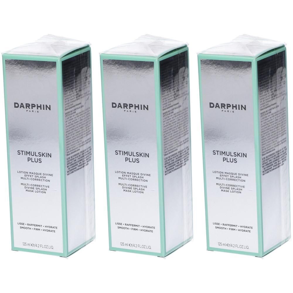 Tre lozioni maschera Darphin Stimulskin Plus in confezioni argentate con accenti verde menta.