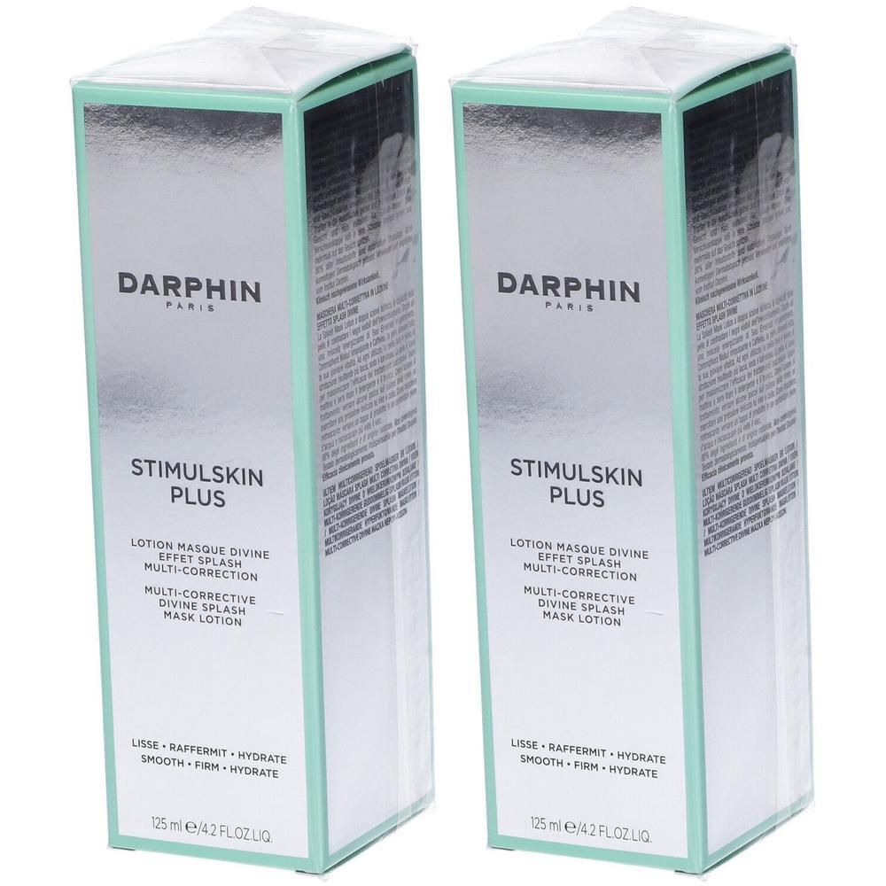 Due Darphin Stimulskin Plus Lozione Maschera in confezione argentata con dettagli verde menta.