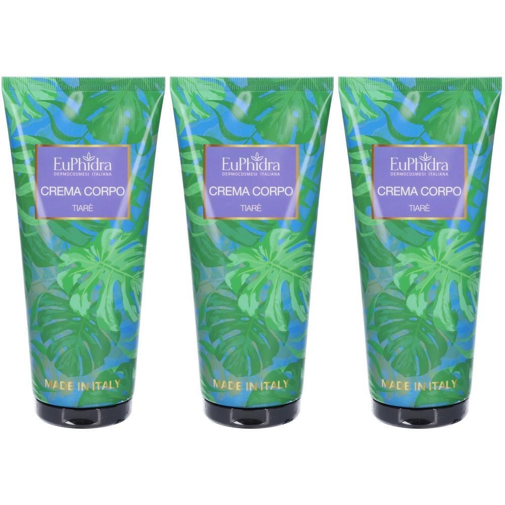 Tre tubi di EuPhidra Tiaré Crema Corpo con fantasia di foglie tropicali. "Made in Italy" è visibile.