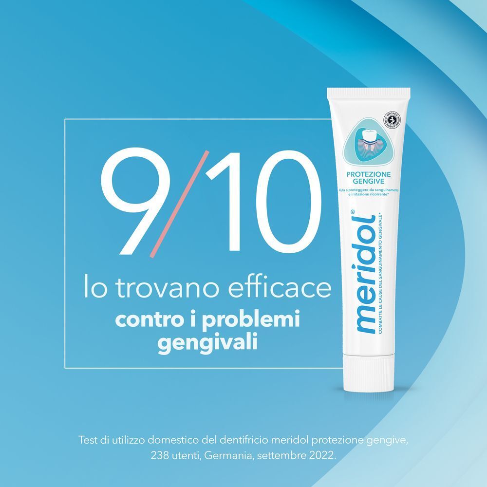 Tubo dentifricio Meridol Protezione Gengive con sigillo di protezione e tappo a ribalta. Testo: 9/10 lo trovano efficace contro i problemi gengivali.