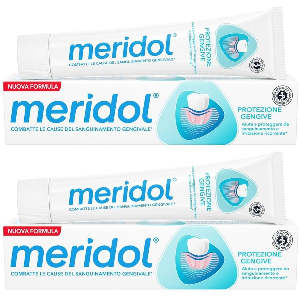 Tubo e scatola di dentifricio Meridol con illustrazione di dente e gengiva.