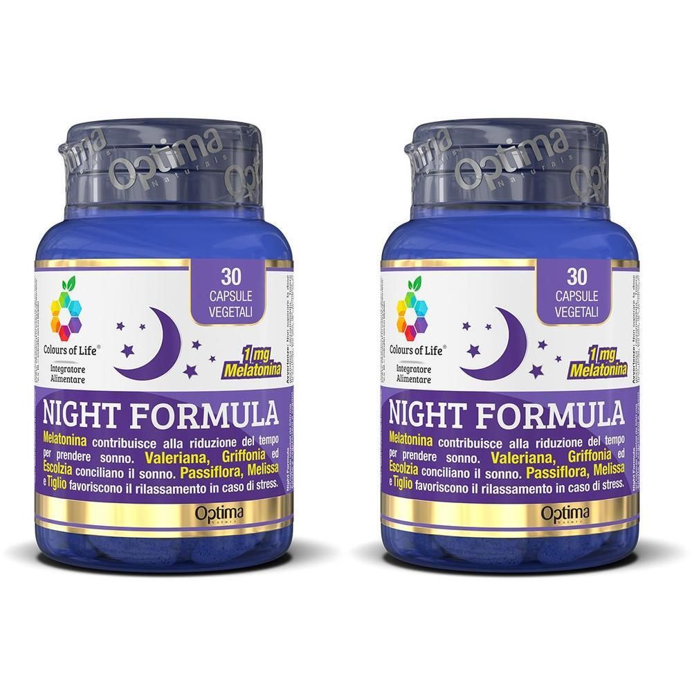 Due flaconi Optima Night Formula con 30 capsule vegetali e 1 mg di melatonina.