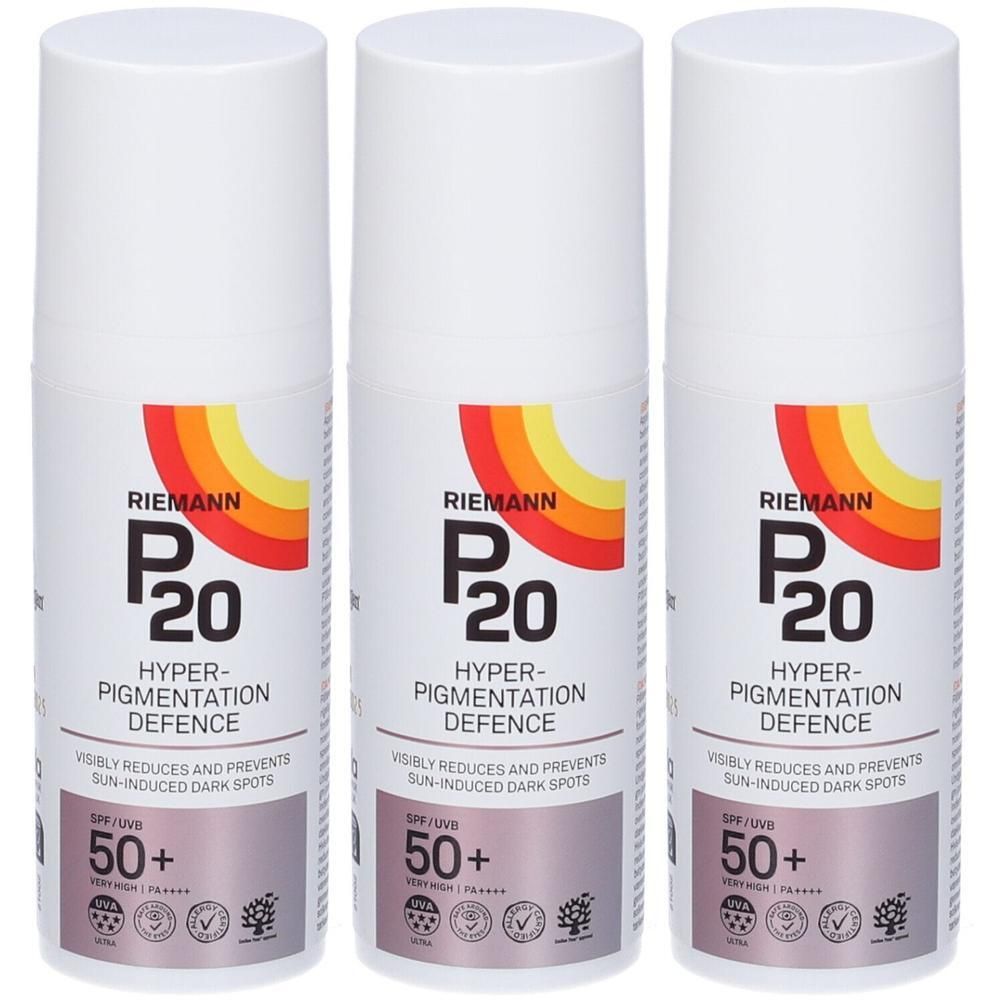 Tre flaconi di Riemann P20 Hyperpigmentation Defence SPF 50+ con protezione solare e UV.