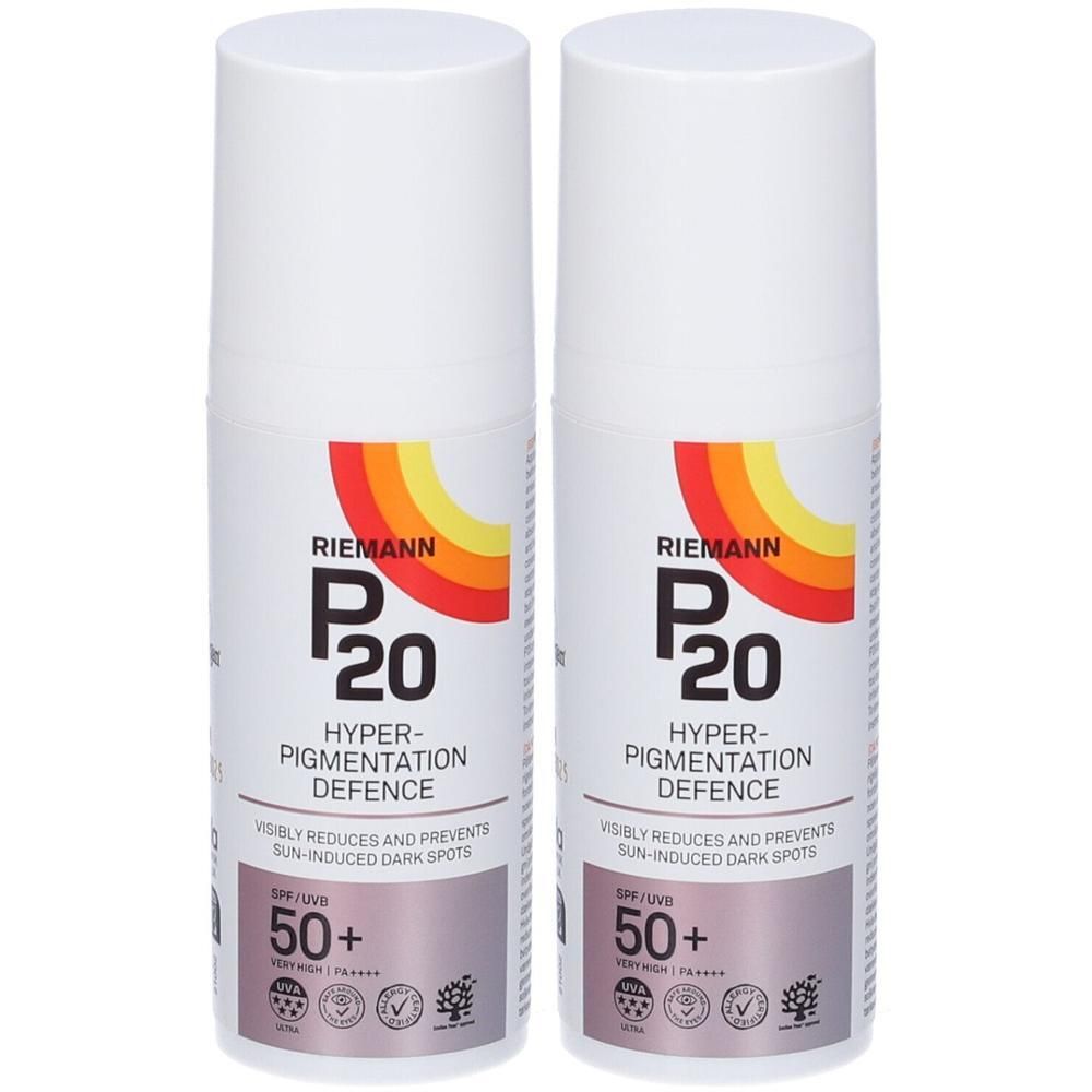 Due flaconi di Riemann P20 Hyperpigmentation Defence SPF50+ con simboli di protezione solare.
