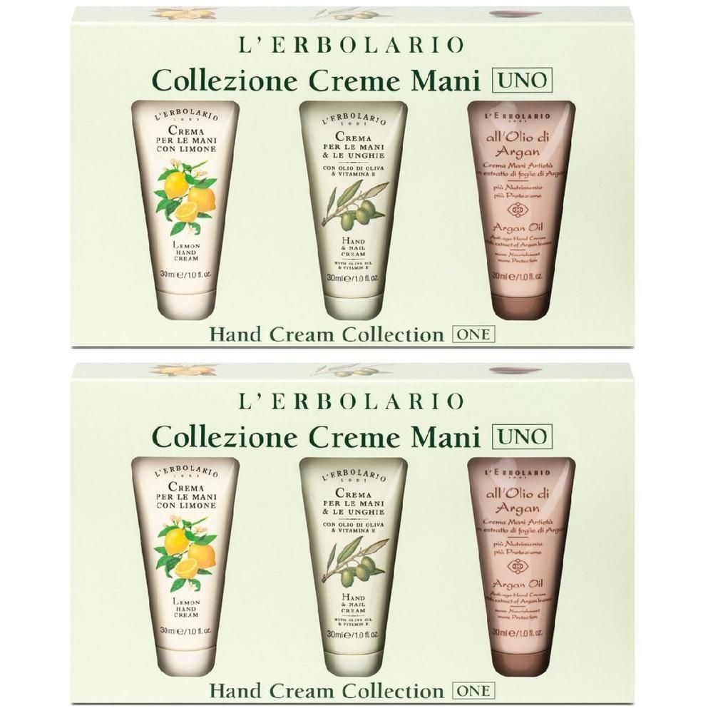 Due set da tre tubetti di crema mani L'Erbolario: limone, olio d'oliva e olio di argan.